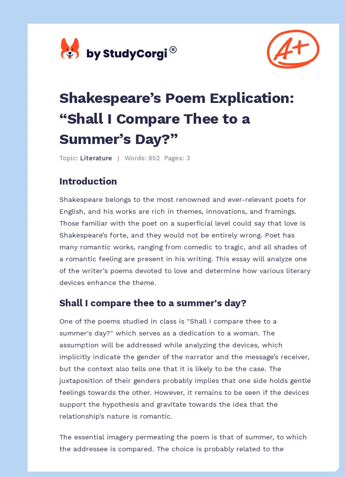 Shakespeare’s Poem Explication: “Shall I Compare Thee to a Summer’s Day?”. Page 1