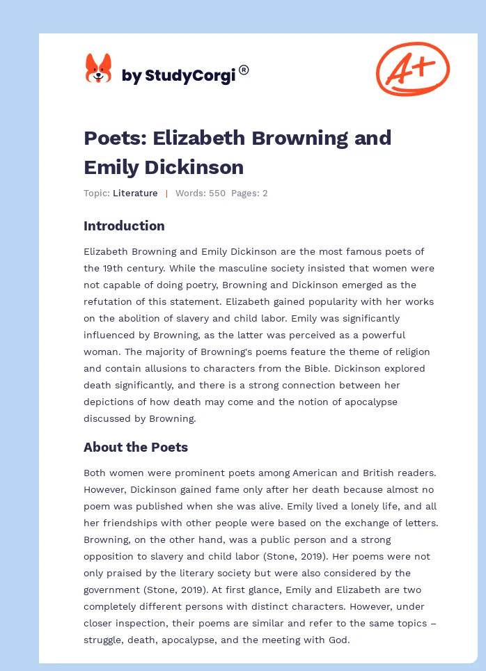 Poets: Elizabeth Browning and Emily Dickinson. Page 1