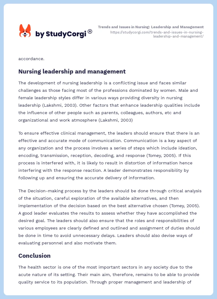 Trends and Issues in Nursing: Leadership and Management. Page 2