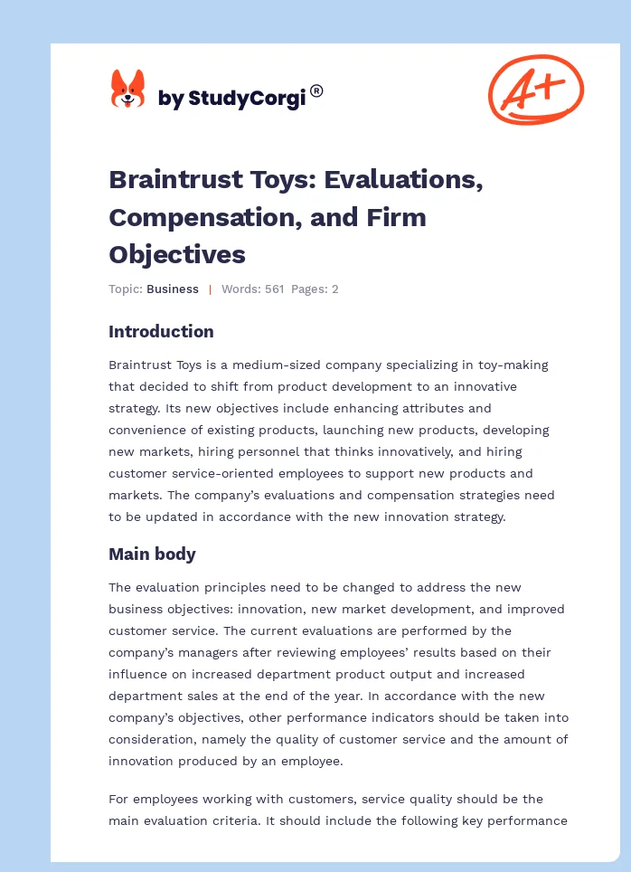 Braintrust Toys: Evaluations, Compensation, and Firm Objectives. Page 1