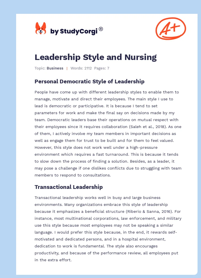 Leadership Style and Nursing. Page 1