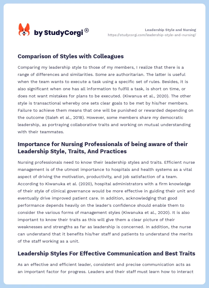 Leadership Style and Nursing. Page 2