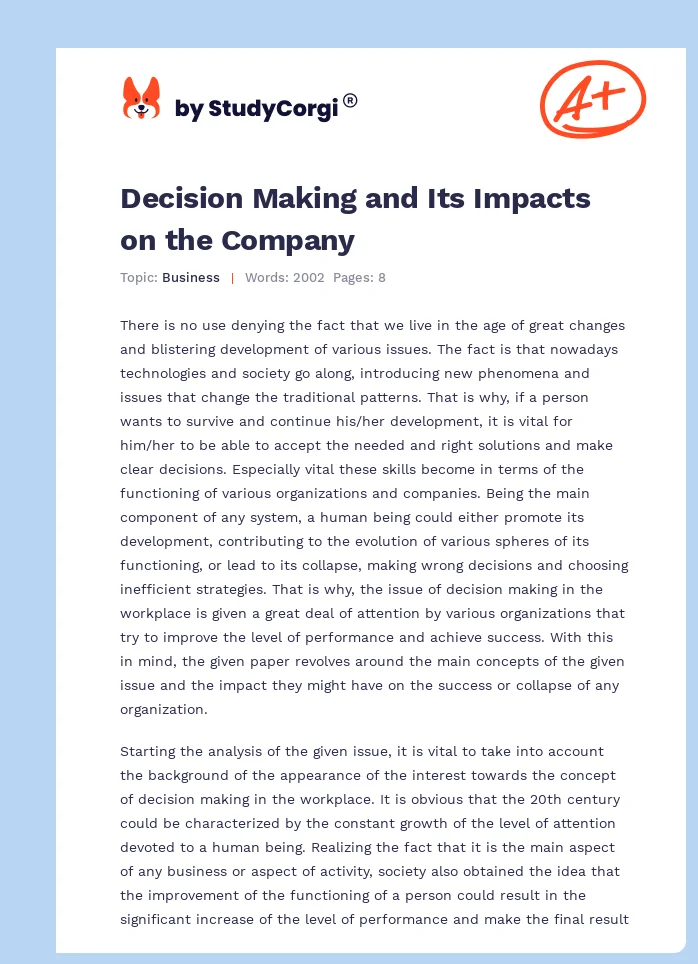 Decision Making and Its Impacts on the Company. Page 1