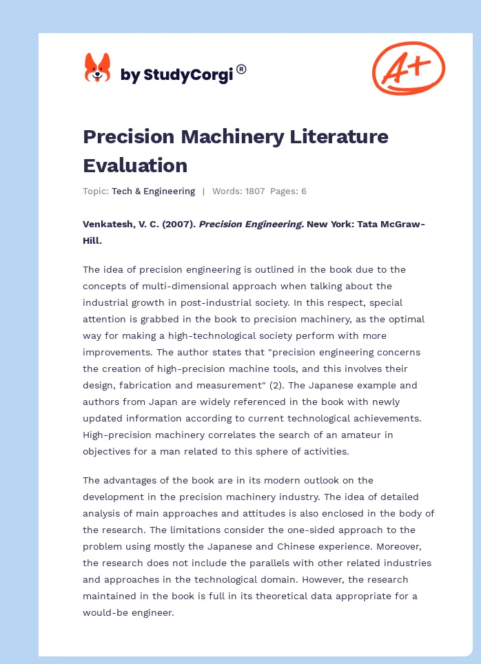 Precision Machinery Literature Evaluation. Page 1