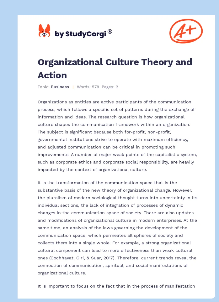 Organizational Culture Theory and Action. Page 1