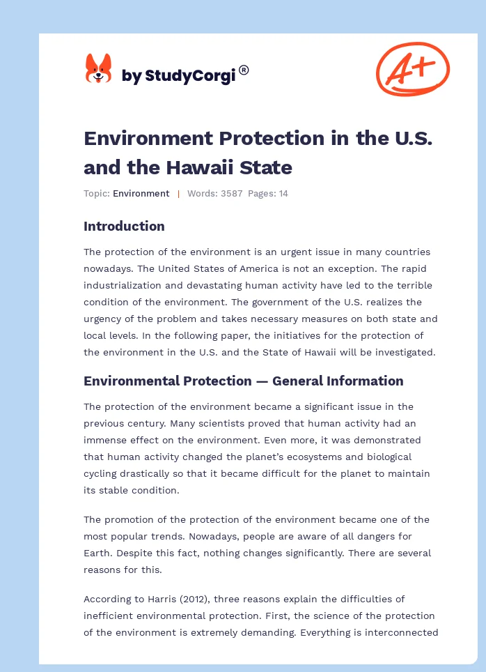 Environment Protection in the U.S. and the Hawaii State. Page 1