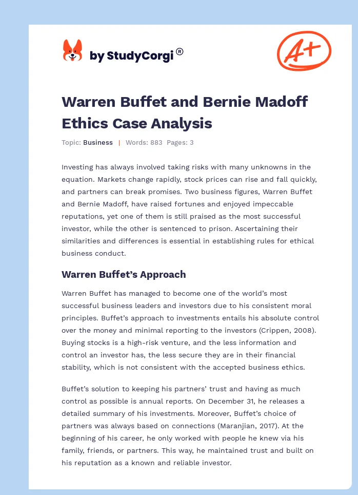 Warren Buffet and Bernie Madoff Ethics Case Analysis. Page 1