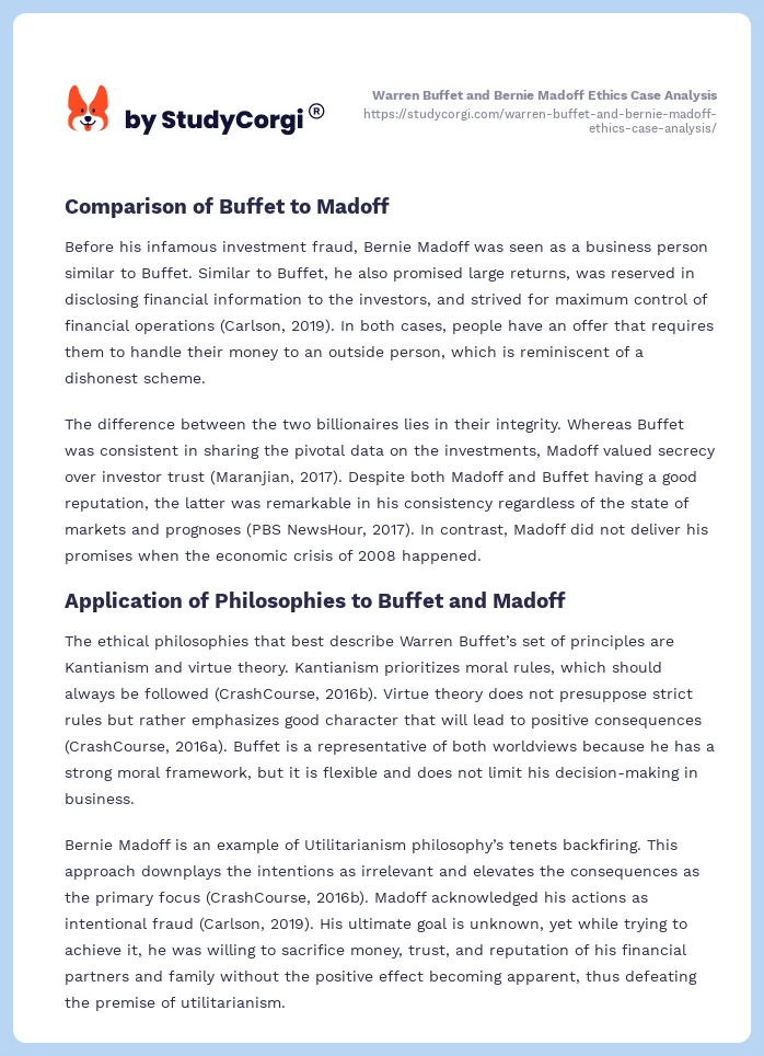 Warren Buffet and Bernie Madoff Ethics Case Analysis. Page 2