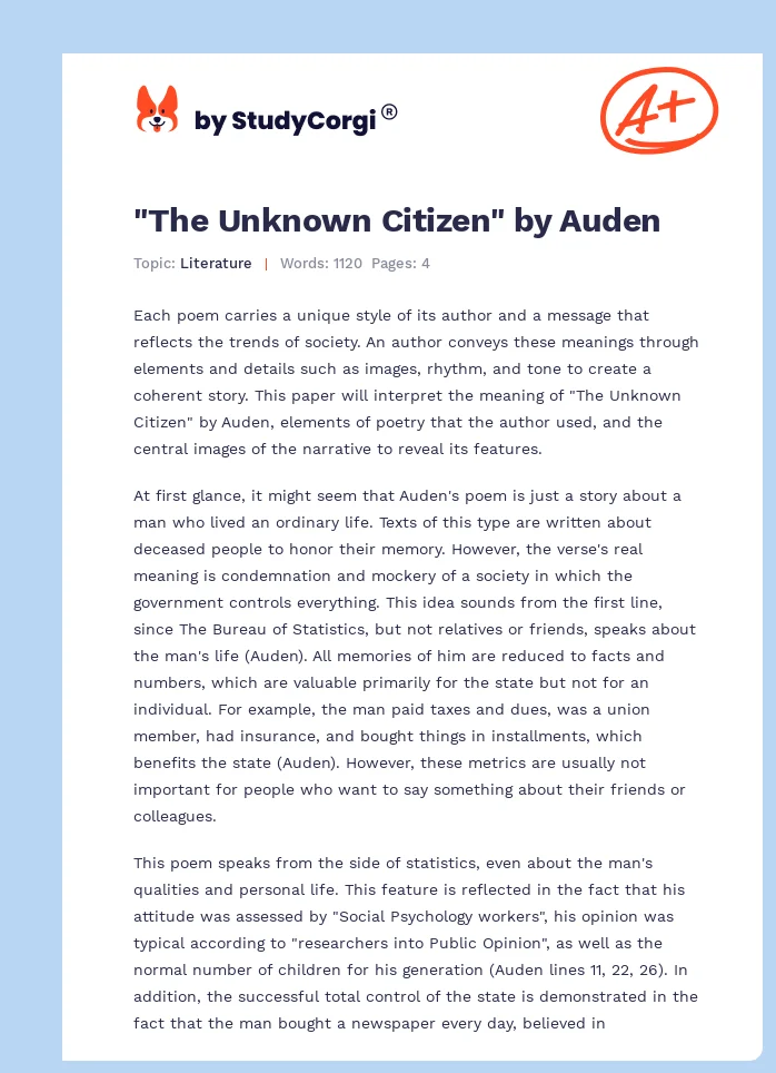 "The Unknown Citizen" by Auden. Page 1