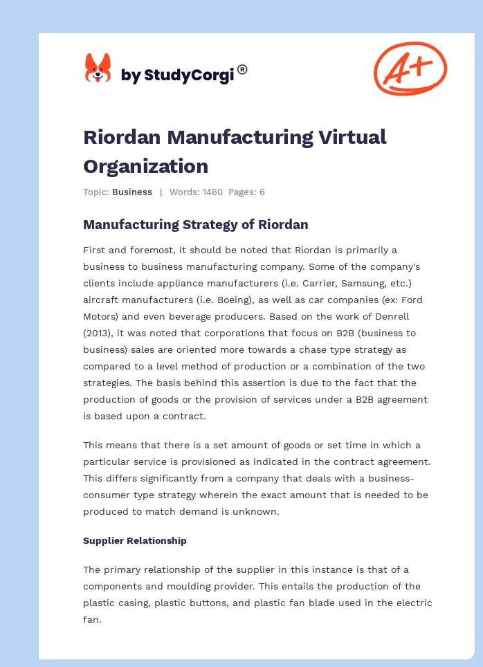 Riordan Manufacturing Virtual Organization. Page 1