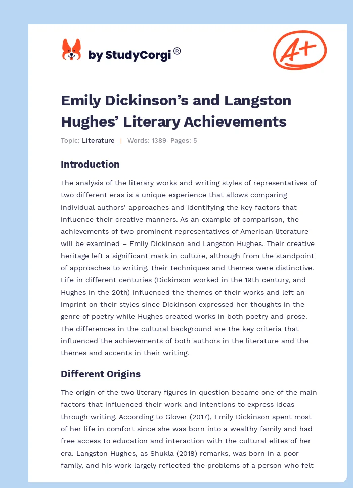 Emily Dickinson’s and Langston Hughes’ Literary Achievements. Page 1
