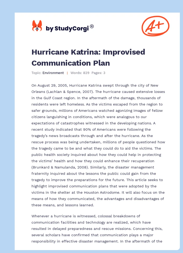 Hurricane Katrina: Improvised Communication Plan. Page 1