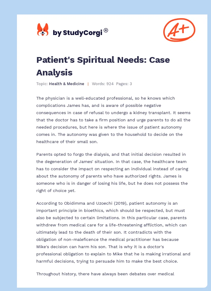 Patient's Spiritual Needs: Case Analysis. Page 1