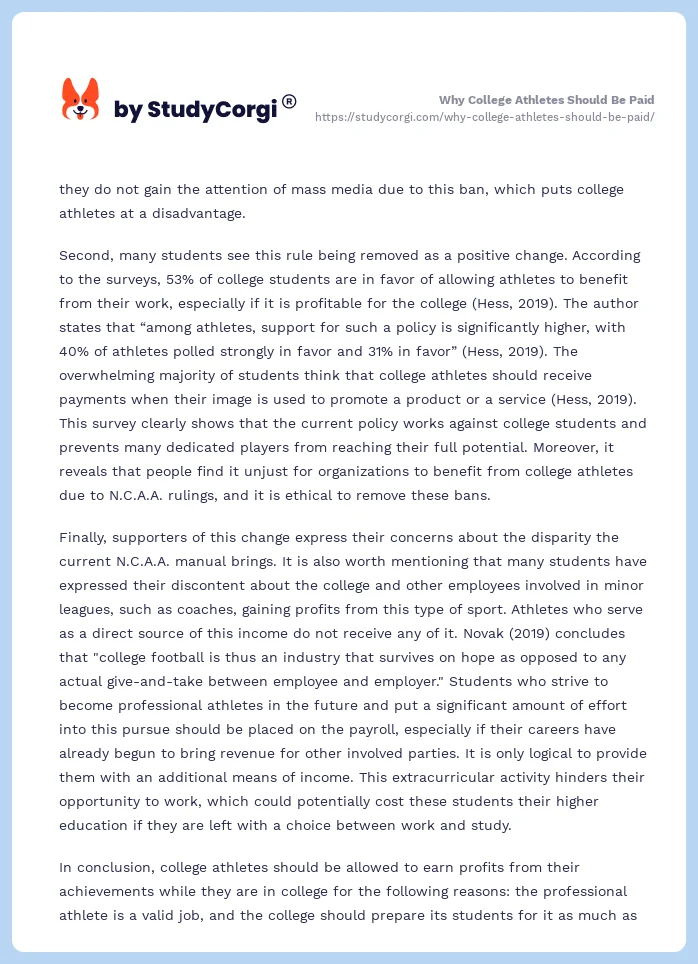 Why College Athletes Should Be Paid Free Essay Example