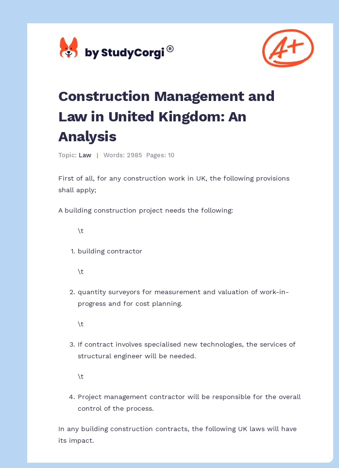 Construction Management and Law in United Kingdom: An Analysis. Page 1