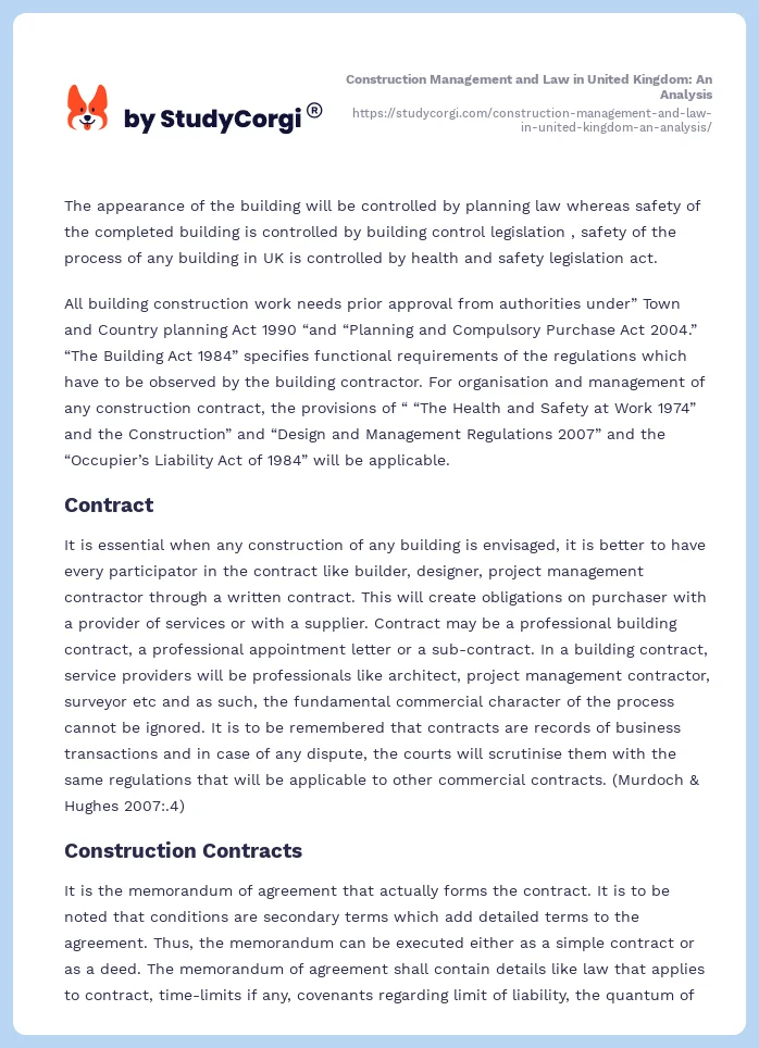 Construction Management and Law in United Kingdom: An Analysis. Page 2