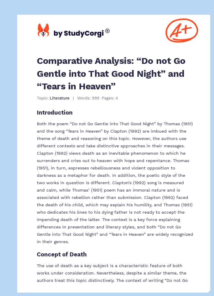 Comparative Analysis: “Do not Go Gentle into That Good Night” and “Tears in Heaven”. Page 1