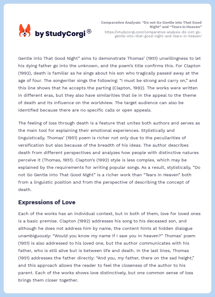 Comparative Analysis: “Do not Go Gentle into That Good Night” and “Tears in Heaven”. Page 2