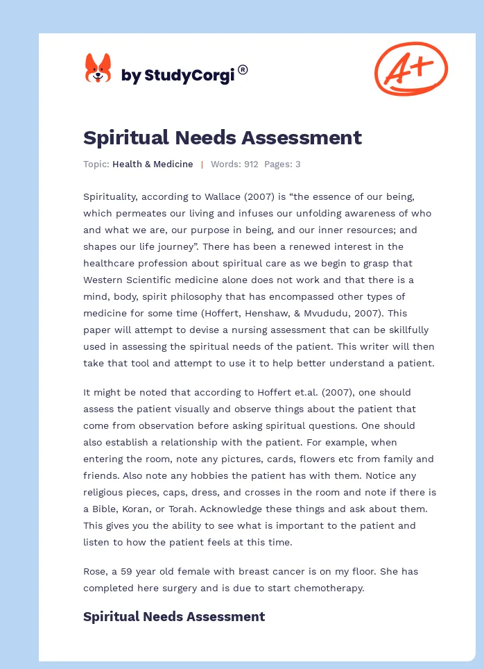 Spiritual Needs Assessment. Page 1