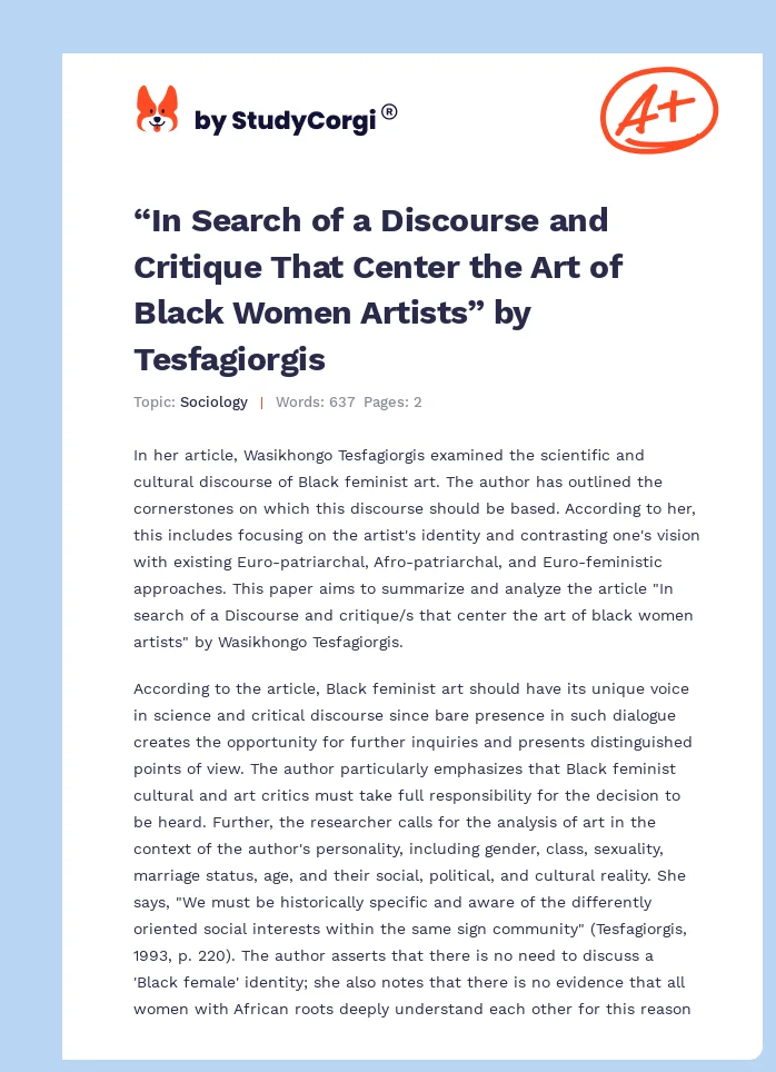 “In Search of a Discourse and Critique That Center the Art of Black Women Artists” by Tesfagiorgis. Page 1