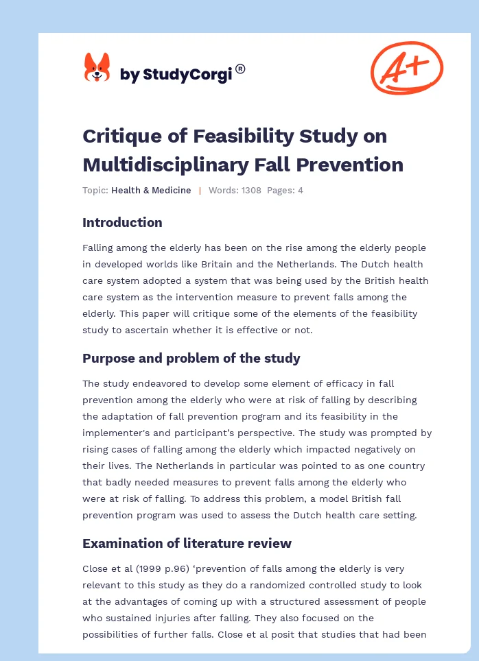 Critique of Feasibility Study on Multidisciplinary Fall Prevention. Page 1