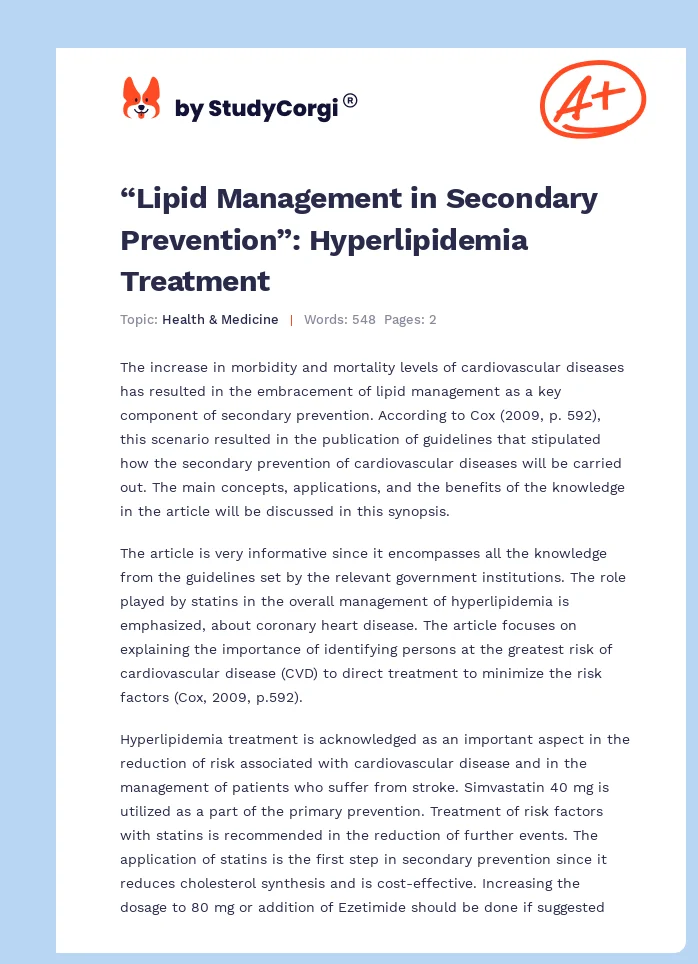 “Lipid Management in Secondary Prevention”: Hyperlipidemia Treatment. Page 1