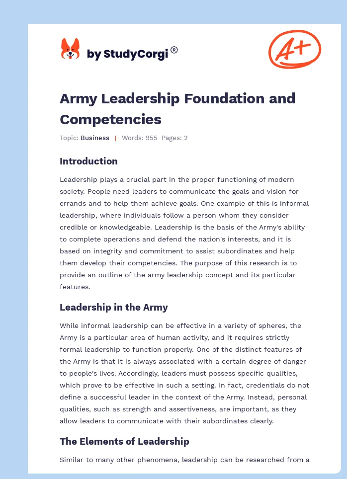 Army Leadership Foundation and Competencies. Page 1