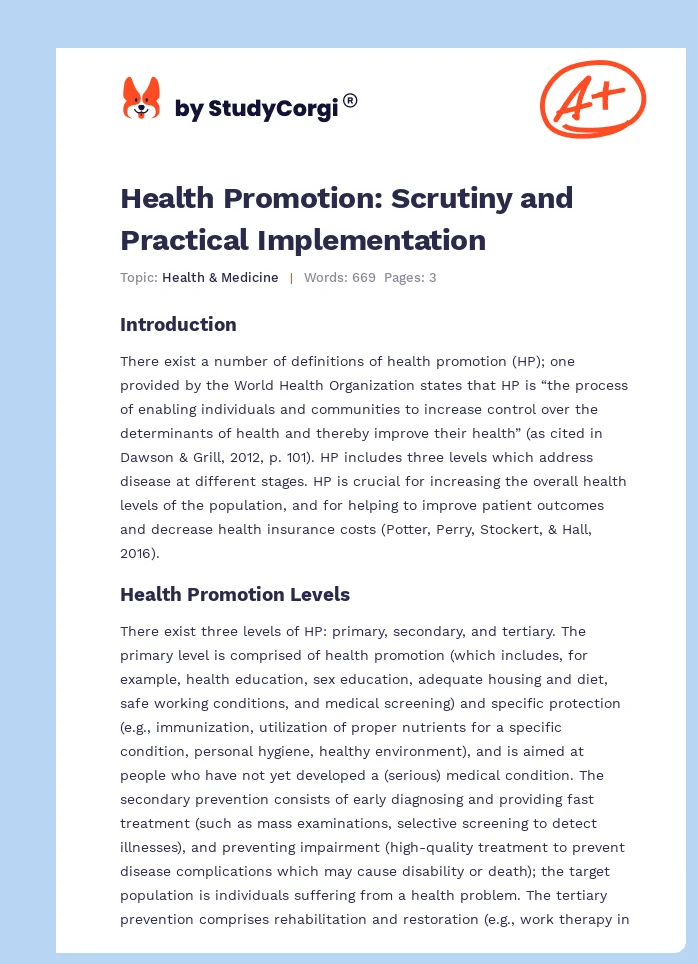 Health Promotion: Scrutiny and Practical Implementation. Page 1