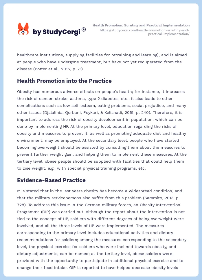 Health Promotion: Scrutiny and Practical Implementation. Page 2