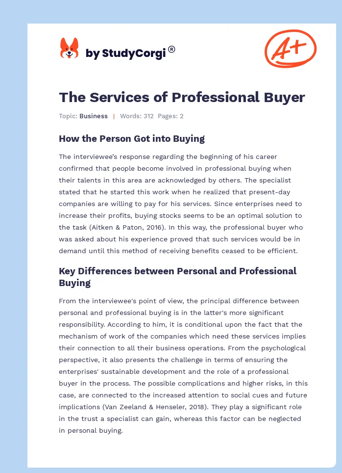 The Services of Professional Buyer. Page 1