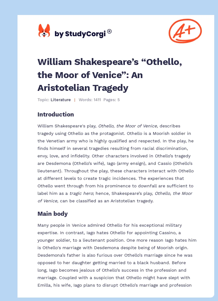 William Shakespeare’s “Othello, the Moor of Venice”: An Aristotelian Tragedy. Page 1