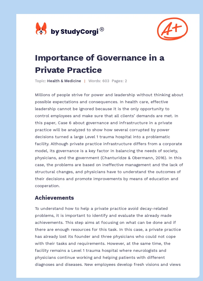 Importance of Governance in a Private Practice. Page 1