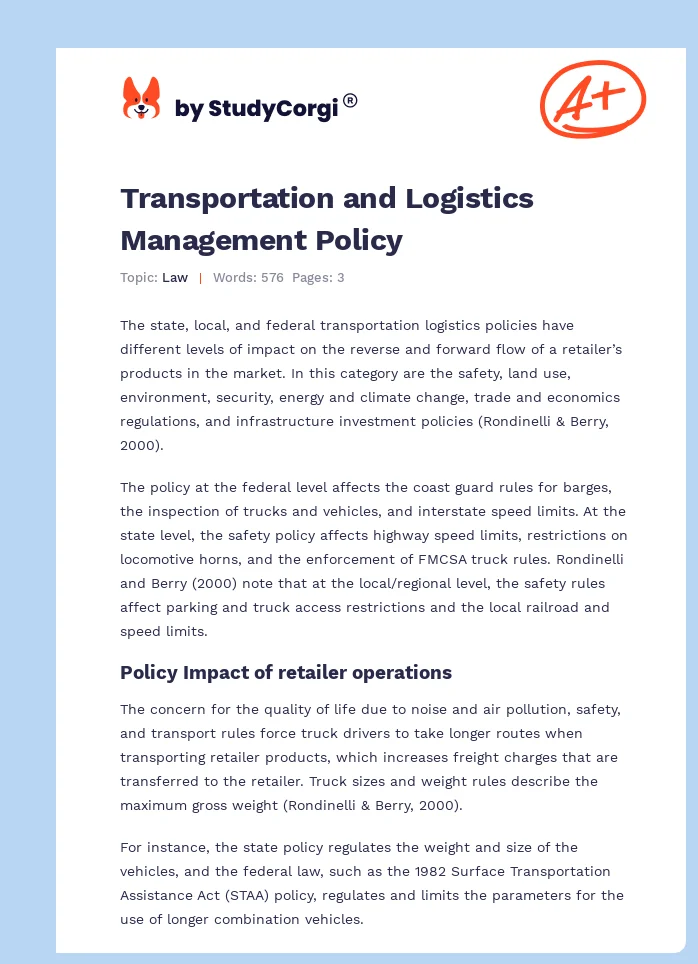Transportation and Logistics Management Policy. Page 1