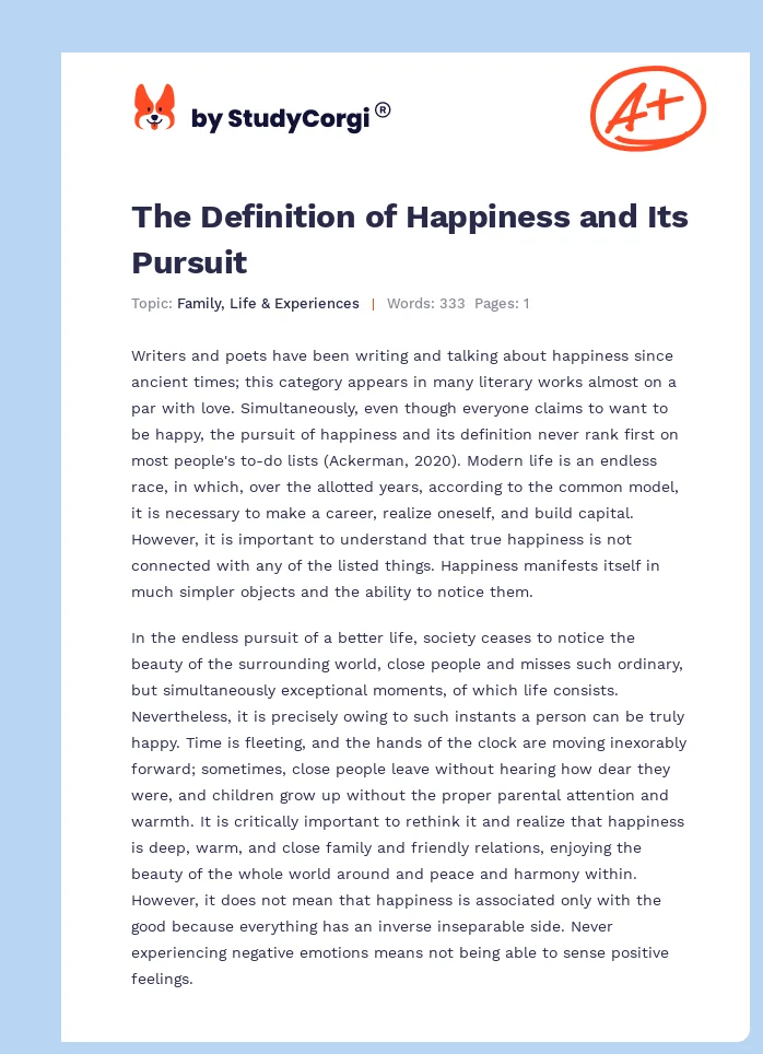 The Definition of Happiness and Its Pursuit. Page 1