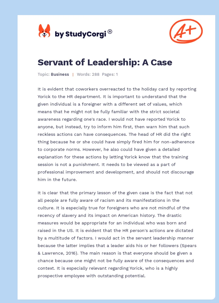 Servant of Leadership: A Case. Page 1