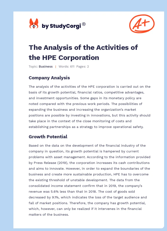 The Analysis of the Activities of the HPE Corporation. Page 1