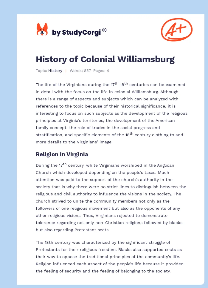 History of Colonial Williamsburg. Page 1