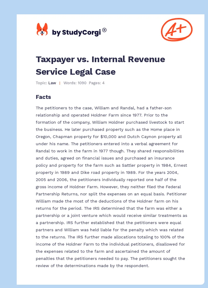 Taxpayer vs. Internal Revenue Service Legal Case. Page 1