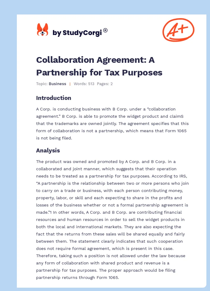 Collaboration Agreement: A Partnership for Tax Purposes. Page 1