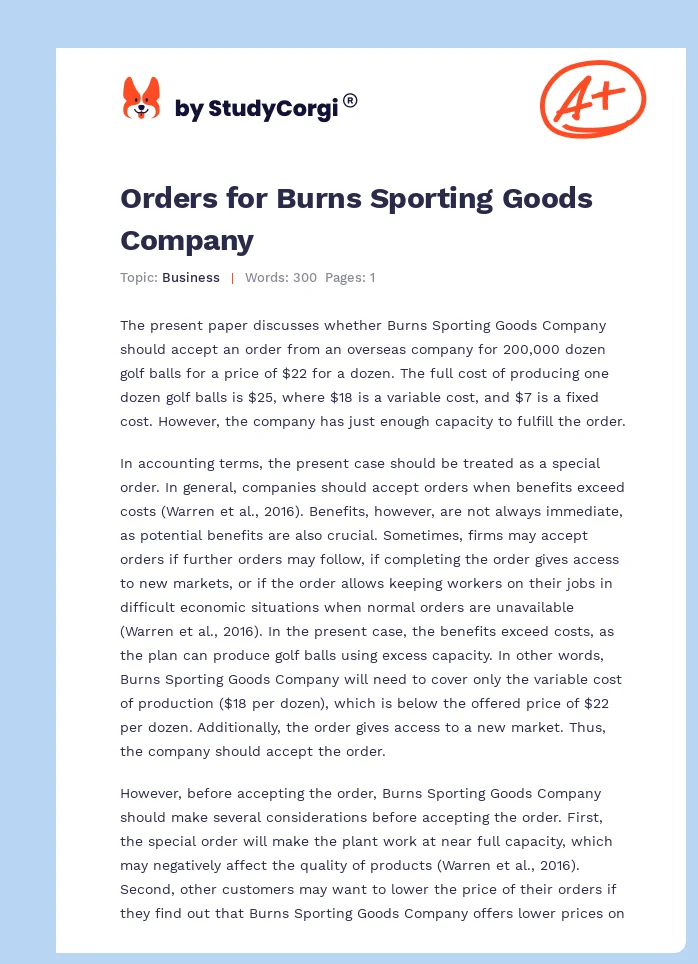 Orders for Burns Sporting Goods Company. Page 1