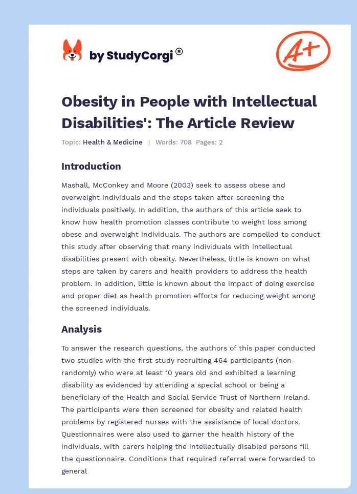 Obesity in People with Intellectual Disabilities': The Article Review. Page 1