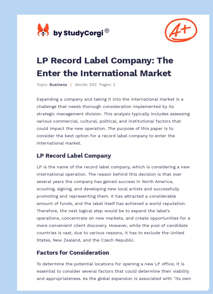 LP Record Label Company: The Enter the International Market. Page 1