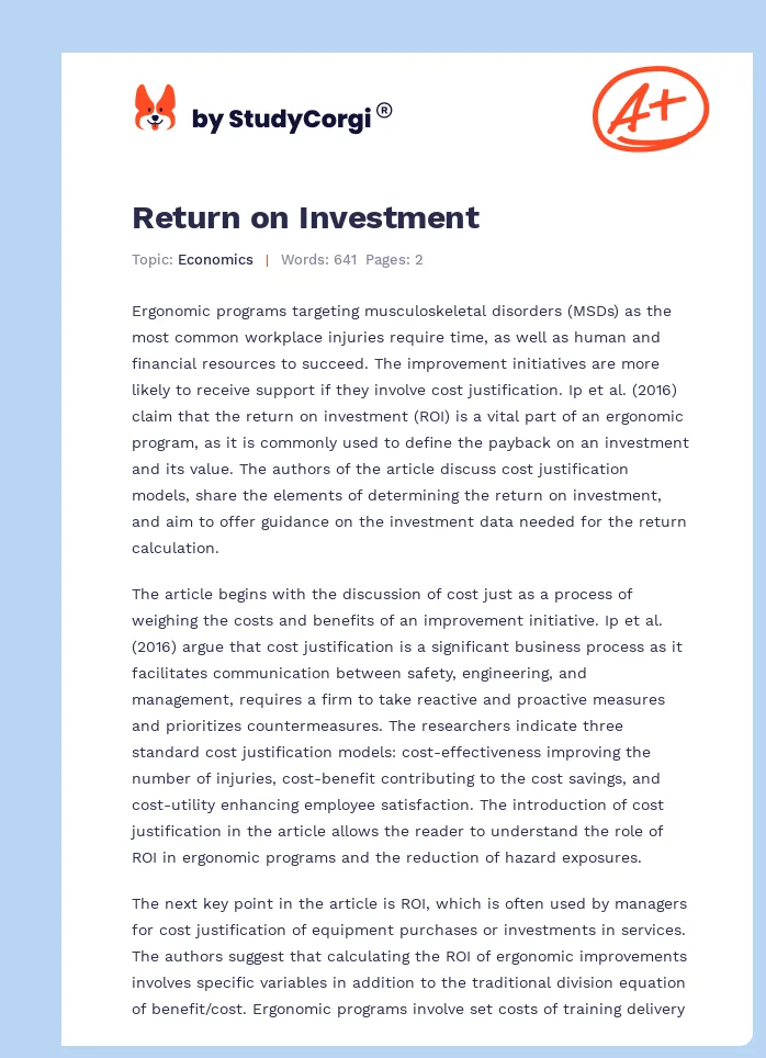 Return on Investment. Page 1