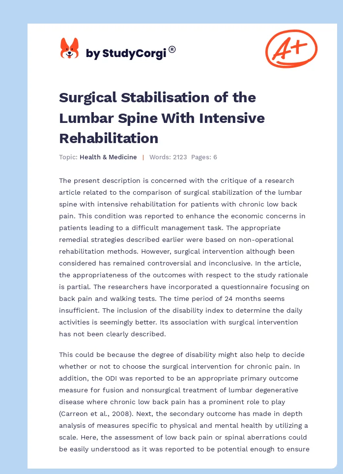 Surgical Stabilisation of the Lumbar Spine With Intensive Rehabilitation. Page 1