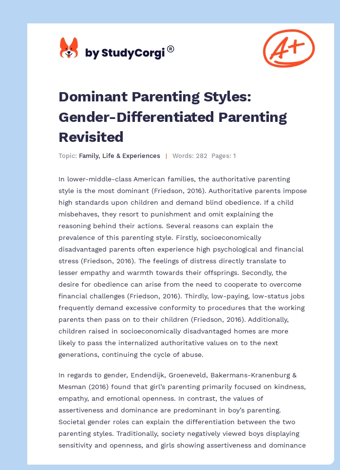 Dominant Parenting Styles: Gender-Differentiated Parenting Revisited. Page 1