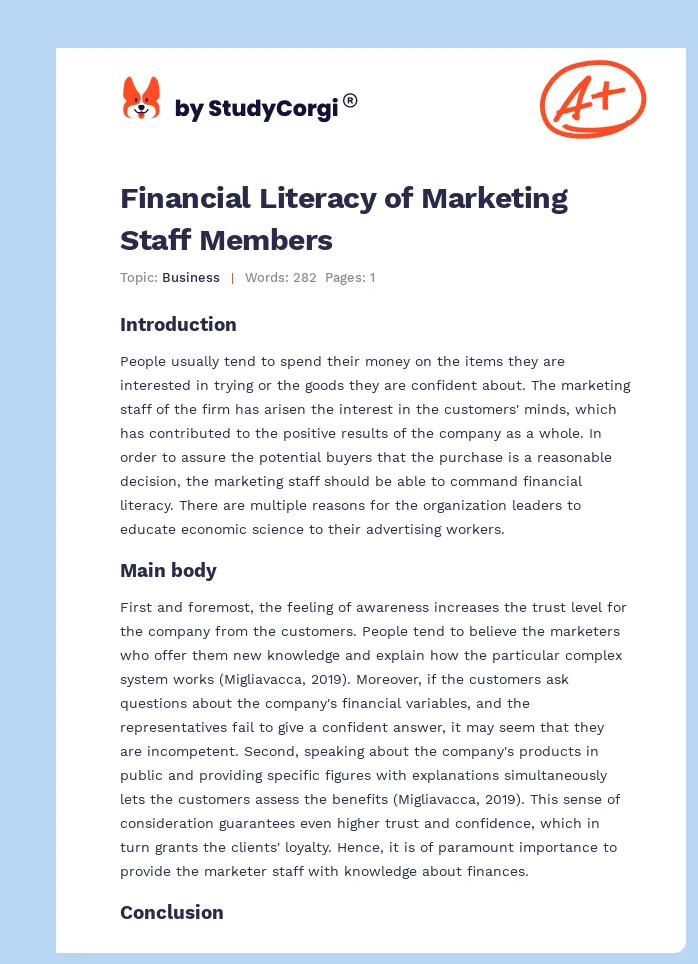 Financial Literacy of Marketing Staff Members. Page 1