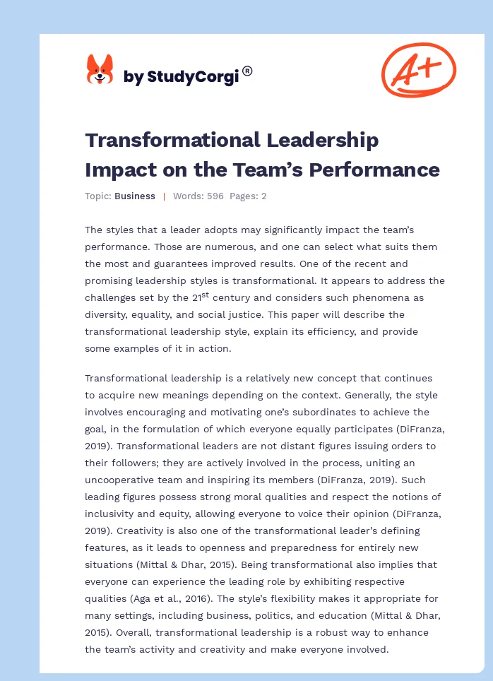 Transformational Leadership Impact on the Team’s Performance. Page 1