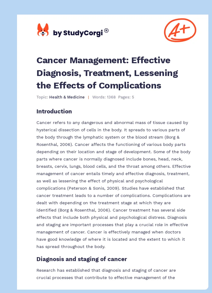 Cancer Management: Effective Diagnosis, Treatment, Lessening the Effects of Complications. Page 1