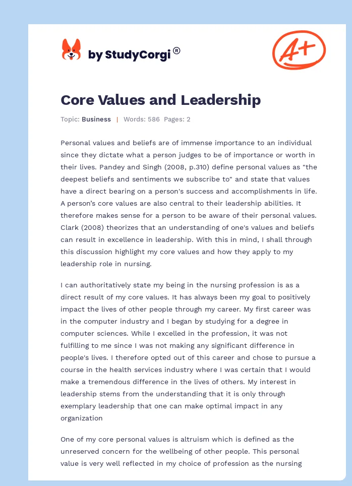 Core Values and Leadership. Page 1