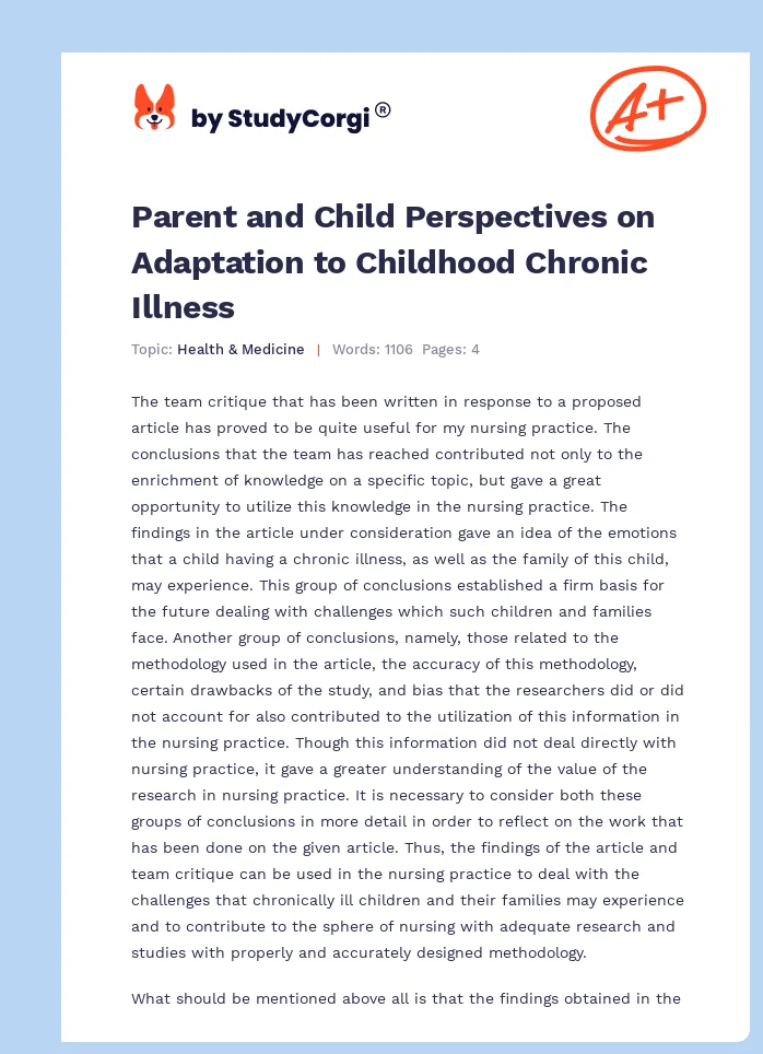 Parent and Child Perspectives on Adaptation to Childhood Chronic Illness. Page 1